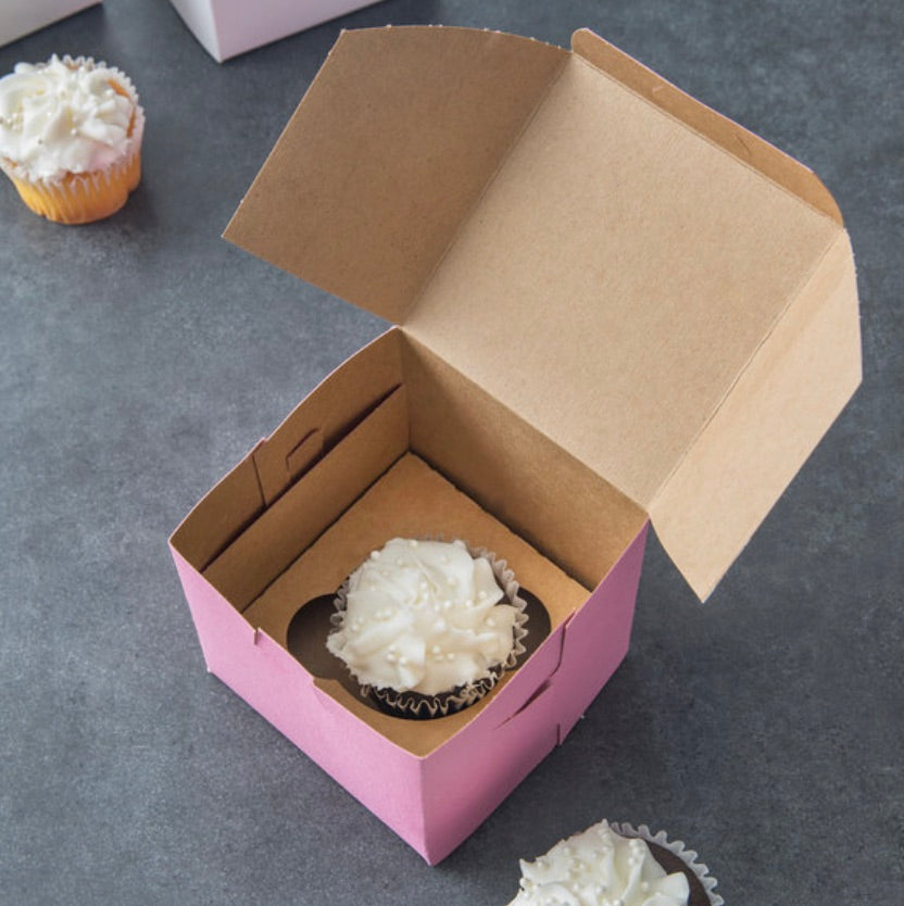 Baker's Mark 4" x 4" x 4" Pink Cupcake / Muffin Box with 1 Slot Reversible Insert - 10/Pack